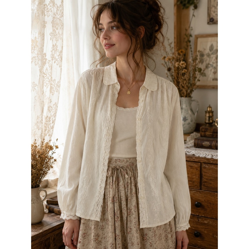 Lily's Closet Women's S Cream 100% Cotton Embroidered Boho Cottagecore Button up